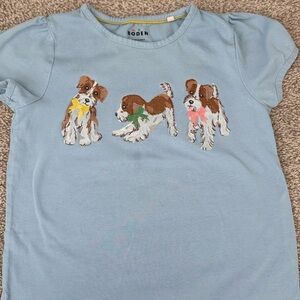 Boden Blue Tee with Embroidered Puppy Trio